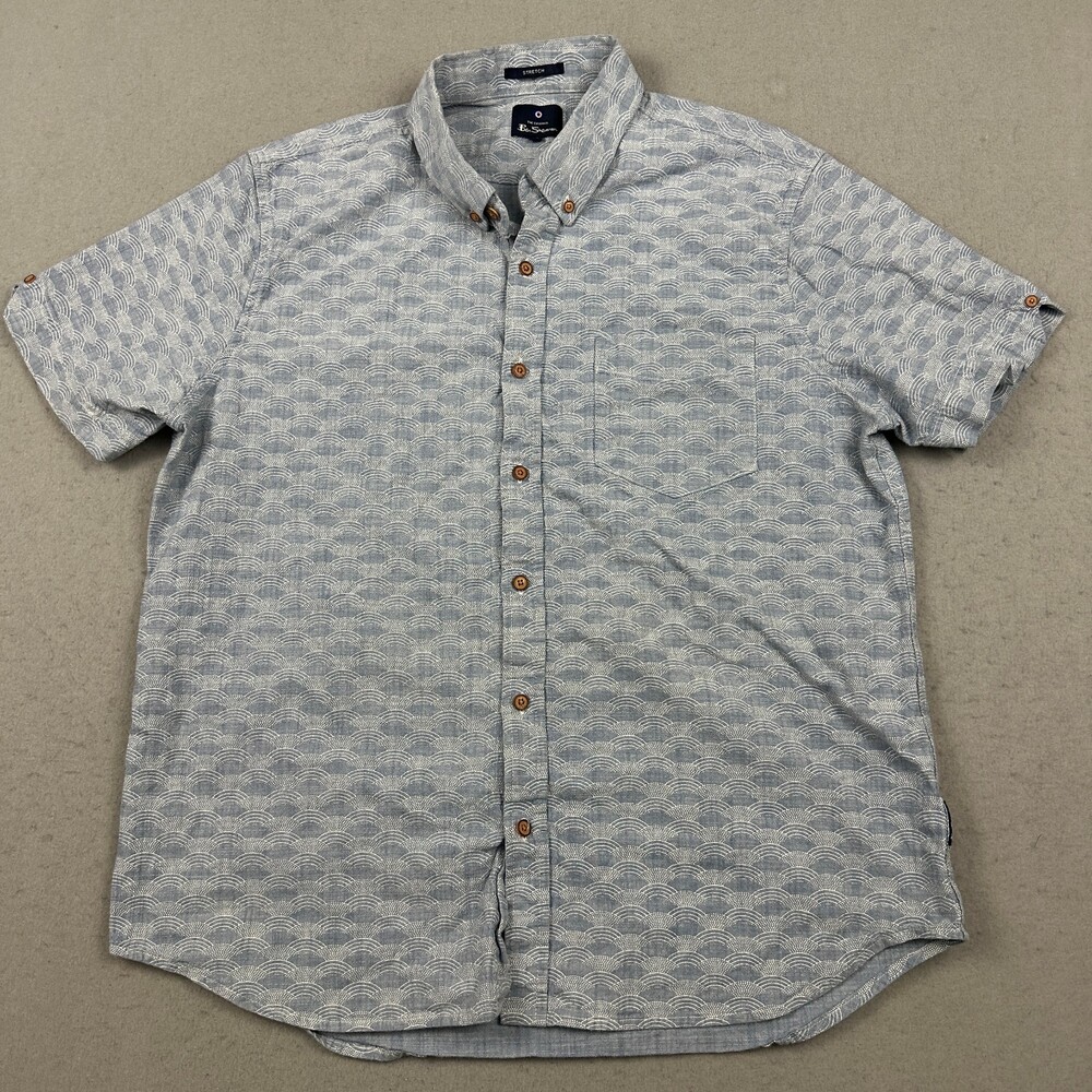 Ben Sherman Shirt Men Extra Large Blue Geometric Scale Print Short Sleeve XL
